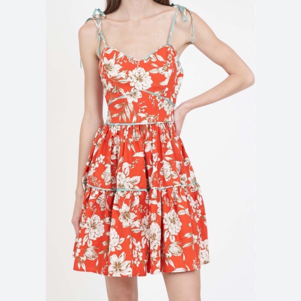 Floral Tie-Shoulder Mini Dress in Coral